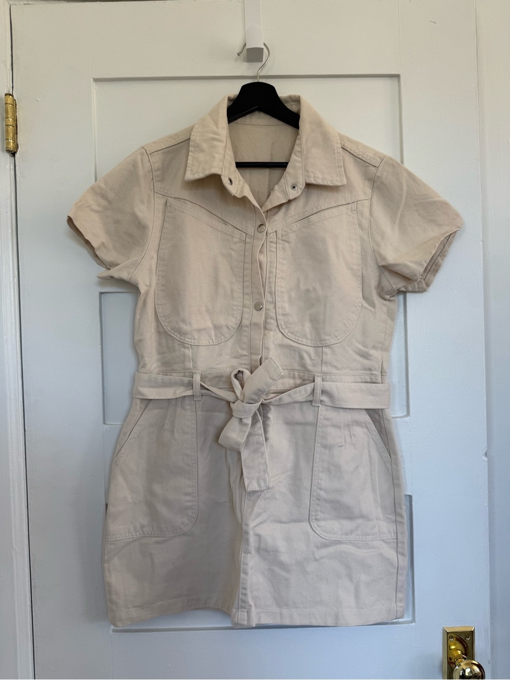 Beige Short-Sleeve Utility Dress with Waist Tie